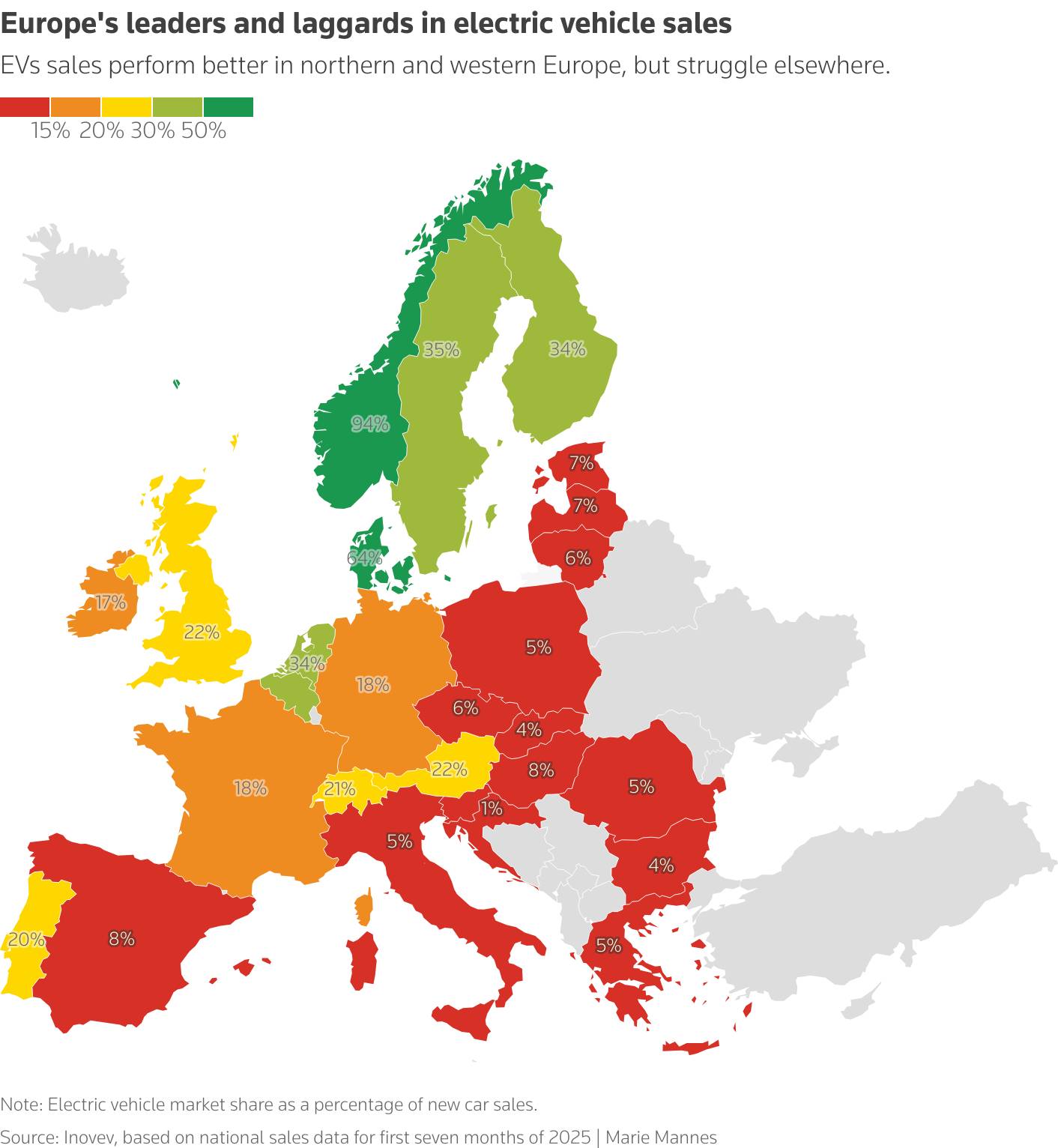 Дял на електромобилите от общите продажби в Европа